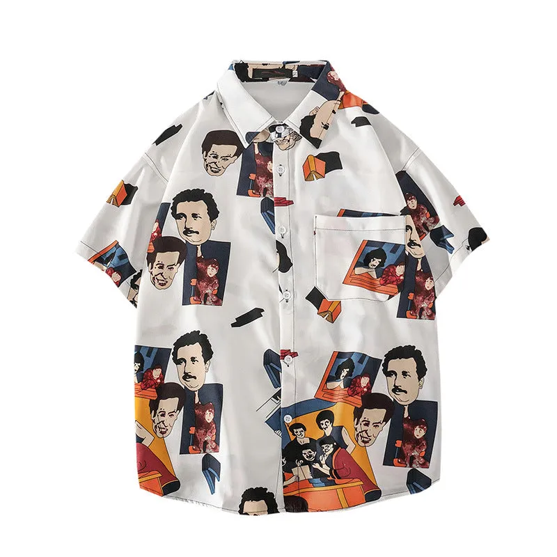 Summer Short Sleeve Shirt Men INS Vintage Funny Couple Printed Trendy Korean Loose Tops Men Shirt