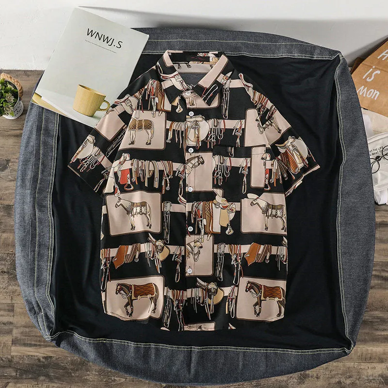 Summer Short Sleeve Shirt Men INS Vintage Funny Couple Printed Trendy Korean Loose Tops Men Shirt