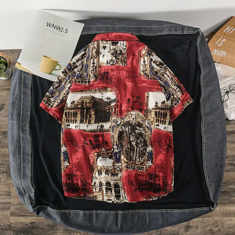 Summer Short Sleeve Shirt Men INS Vintage Funny Couple Printed Trendy Korean Loose Tops Men Shirt
