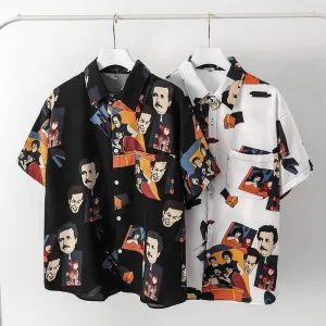 Summer Short Sleeve Shirt Men INS Vintage Funny Couple Printed Trendy Korean Loose Tops Men Shirt
