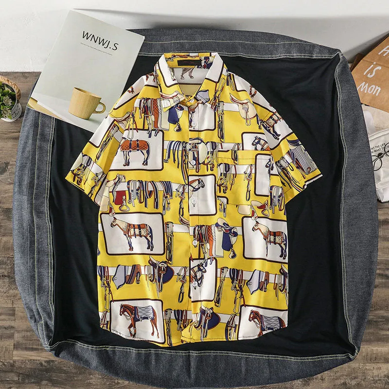 Summer Short Sleeve Shirt Men INS Vintage Funny Couple Printed Trendy Korean Loose Tops Men Shirt