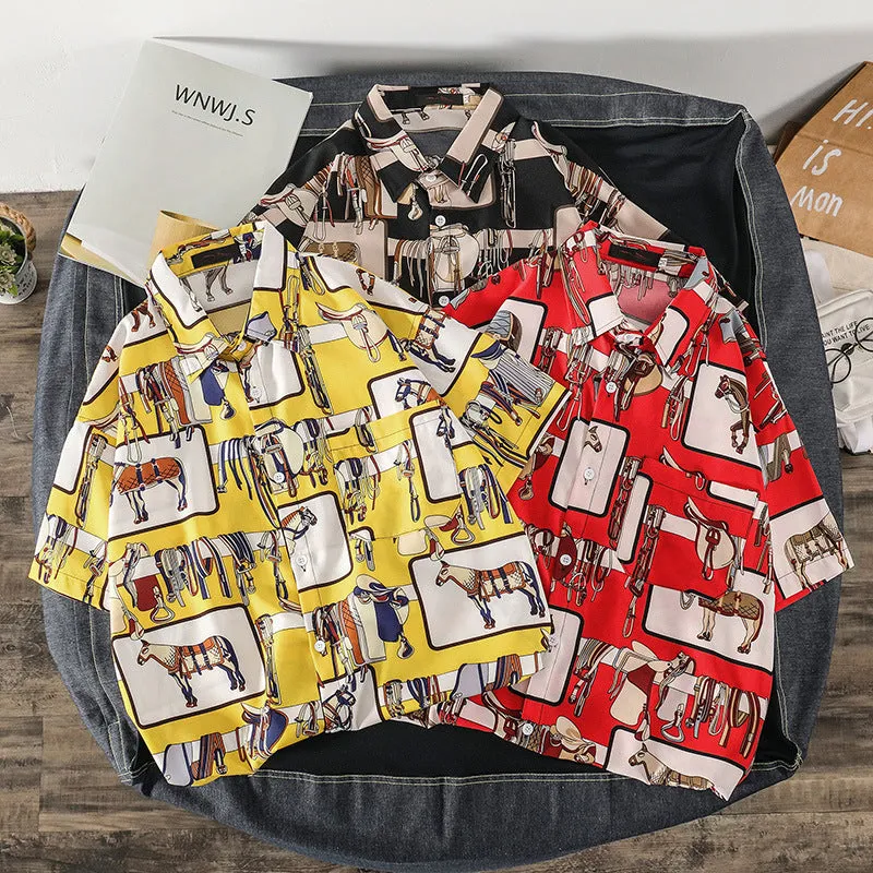 Summer Short Sleeve Shirt Men INS Vintage Funny Couple Printed Trendy Korean Loose Tops Men Shirt