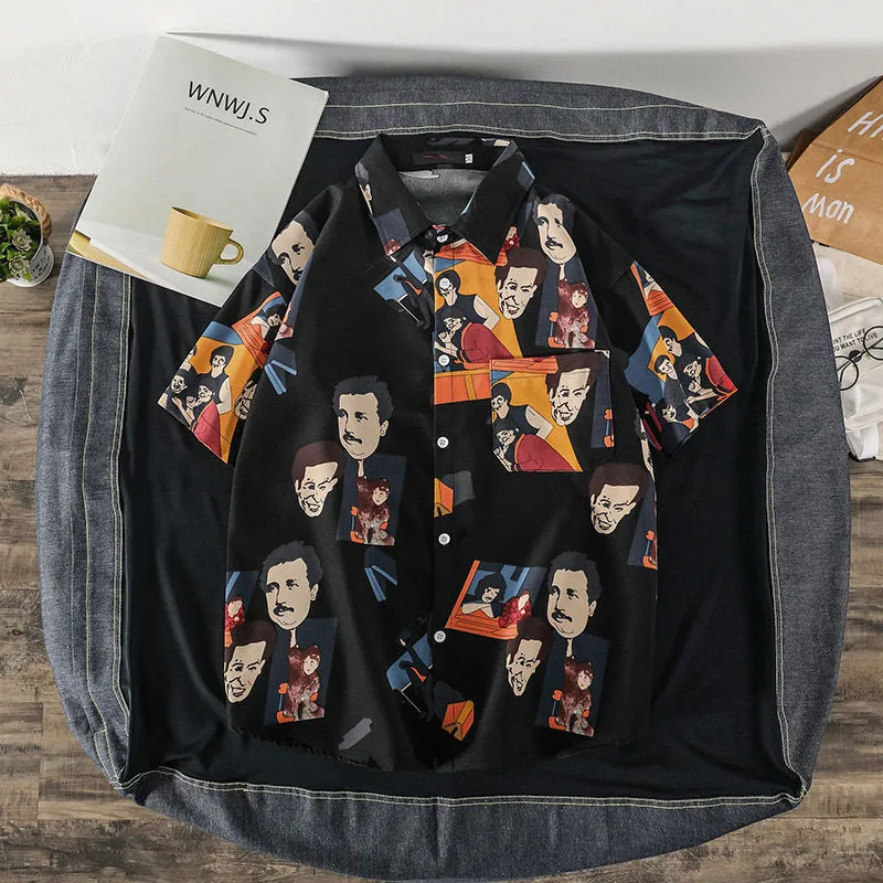Summer Short Sleeve Shirt Men INS Vintage Funny Couple Printed Trendy Korean Loose Tops Men Shirt
