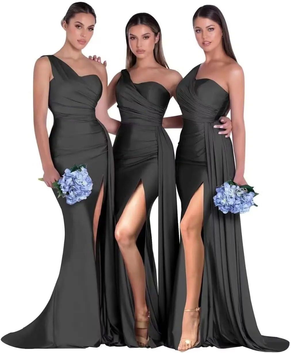 SYYS One Shoulder Bridesmaid Dresses Long for Women 2025 Side Slit Satin Mermaid Formal Prom Dresses SYYS393