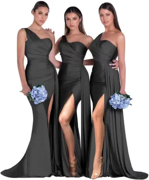 SYYS One Shoulder Bridesmaid Dresses Long for Women 2025 Side Slit Satin Mermaid Formal Prom Dresses SYYS393