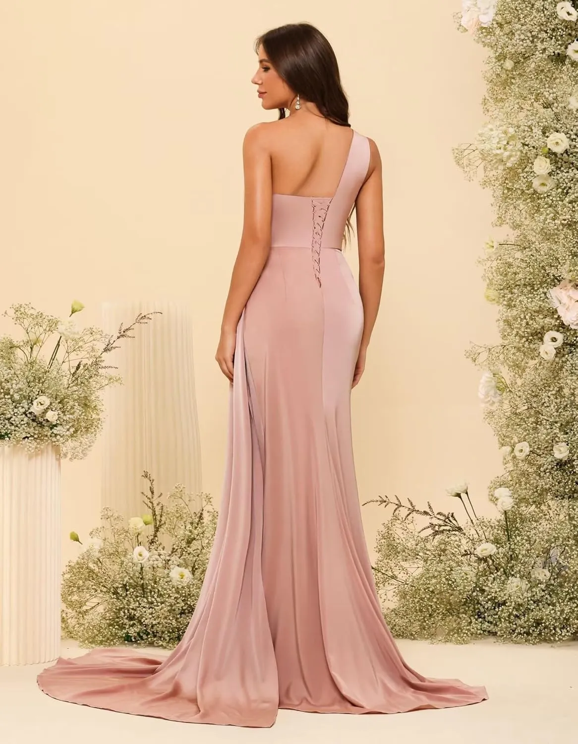 SYYS One Shoulder Bridesmaid Dresses Long for Women 2025 Side Slit Satin Mermaid Formal Prom Dresses SYYS393