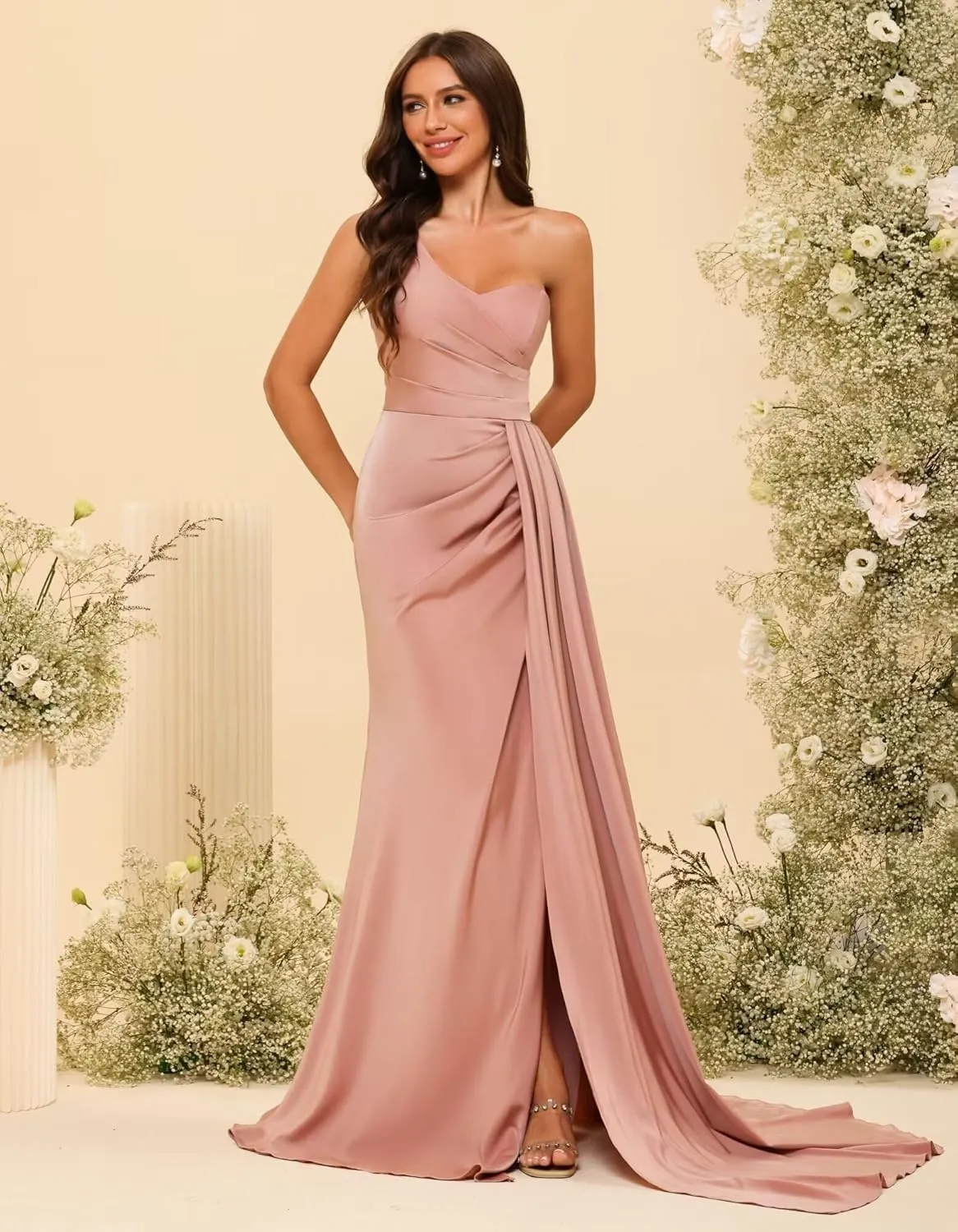 SYYS One Shoulder Bridesmaid Dresses Long for Women 2025 Side Slit Satin Mermaid Formal Prom Dresses SYYS393