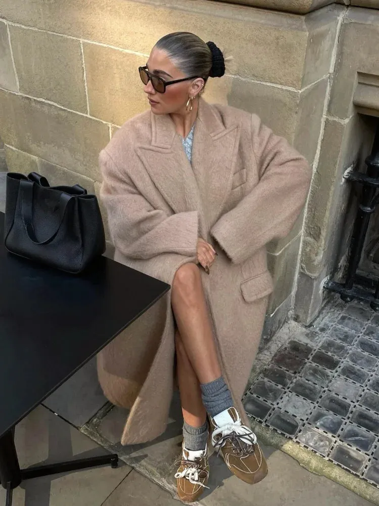 TAVIMART  -  Classic Fashion Solid Oversized Cashmere Overcoats Women's Elegant Lapel Pockets Long Sleeve Jackets Chic Female Streetwear