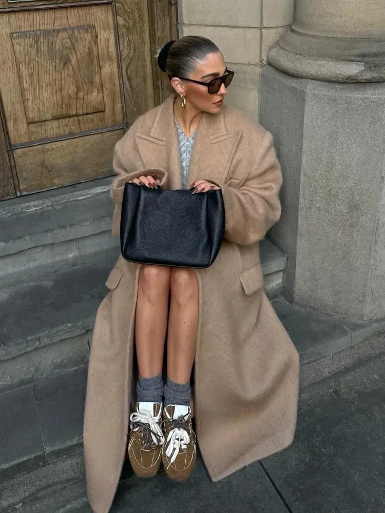 TAVIMART  -  Classic Fashion Solid Oversized Cashmere Overcoats Women's Elegant Lapel Pockets Long Sleeve Jackets Chic Female Streetwear