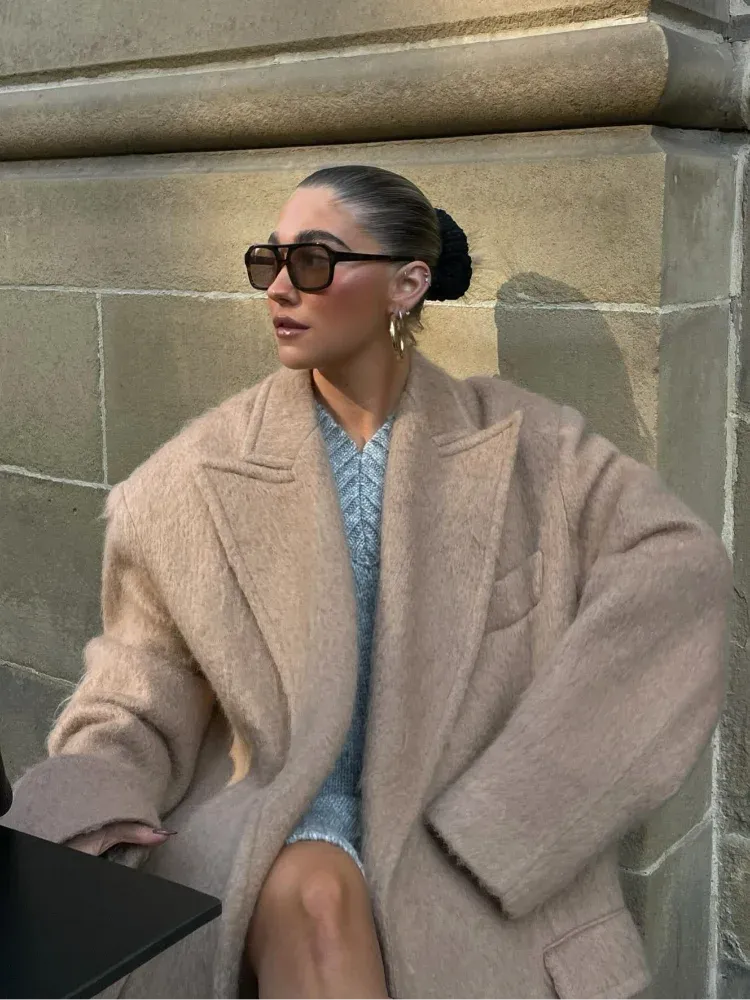 TAVIMART  -  Classic Fashion Solid Oversized Cashmere Overcoats Women's Elegant Lapel Pockets Long Sleeve Jackets Chic Female Streetwear