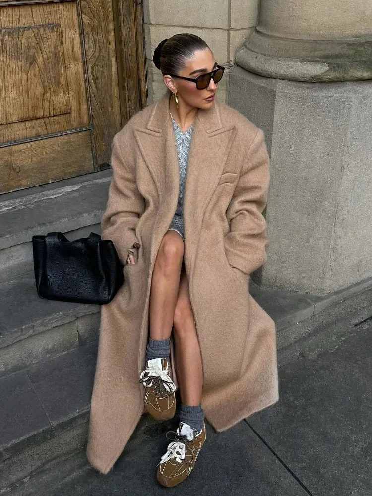 TAVIMART  -  Classic Fashion Solid Oversized Cashmere Overcoats Women's Elegant Lapel Pockets Long Sleeve Jackets Chic Female Streetwear