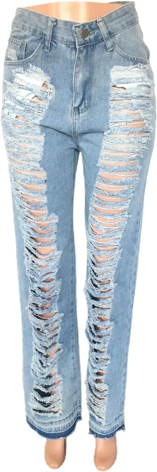 Tbahhir Distressed Ripped Cargo Jeans for Women High Waisted Baggy Wide Leg Boyfriend Y2K Streetwear Denim Pants Trendy
