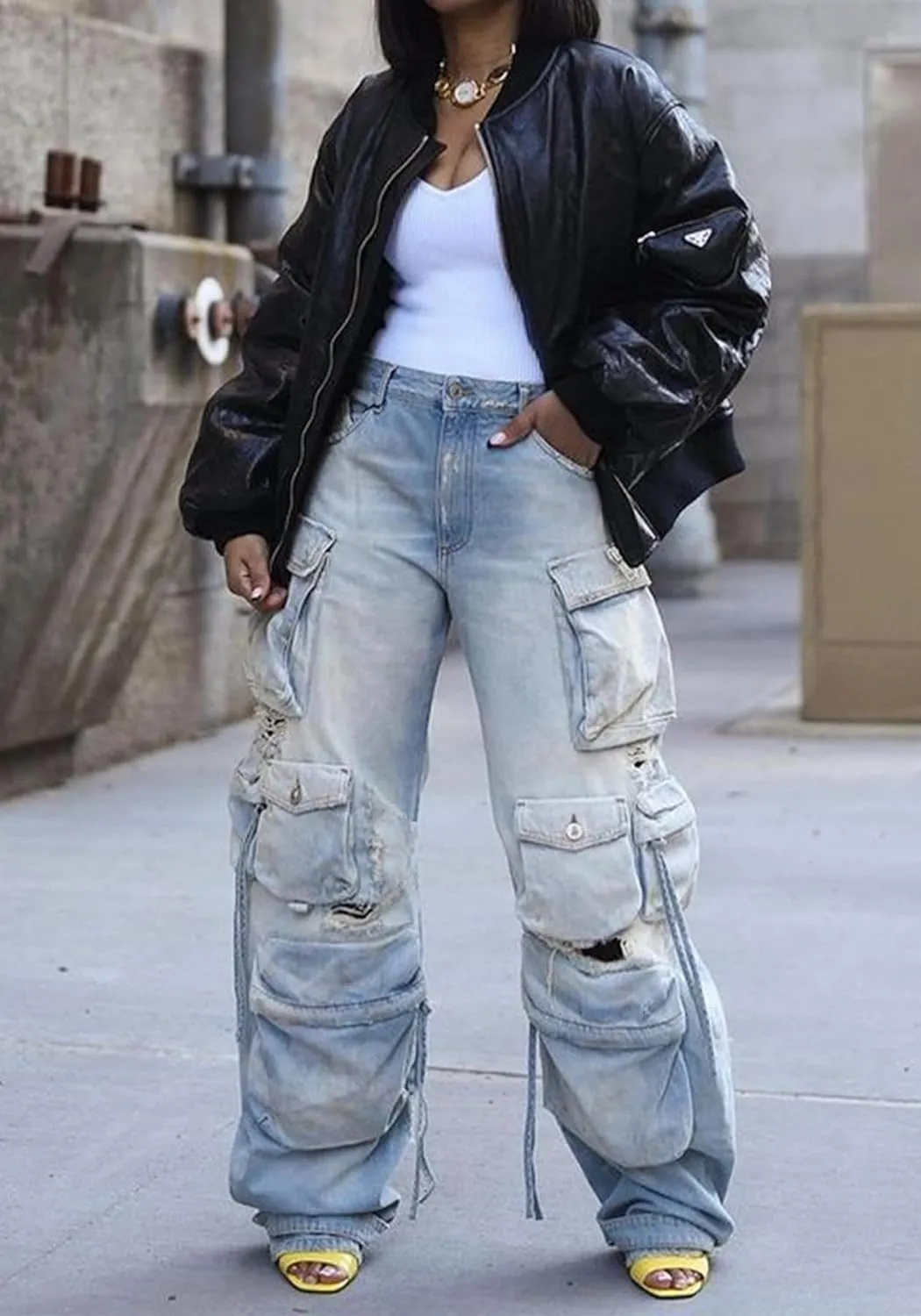 Tbahhir Distressed Ripped Cargo Jeans for Women High Waisted Baggy Wide Leg Boyfriend Y2K Streetwear Denim Pants Trendy