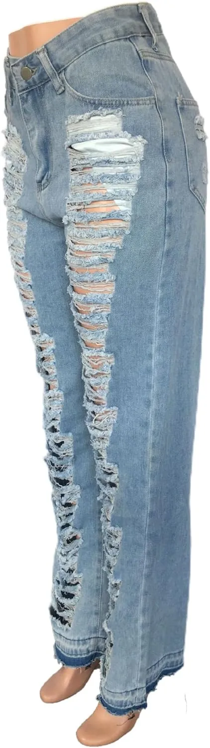 Tbahhir Distressed Ripped Cargo Jeans for Women High Waisted Baggy Wide Leg Boyfriend Y2K Streetwear Denim Pants Trendy