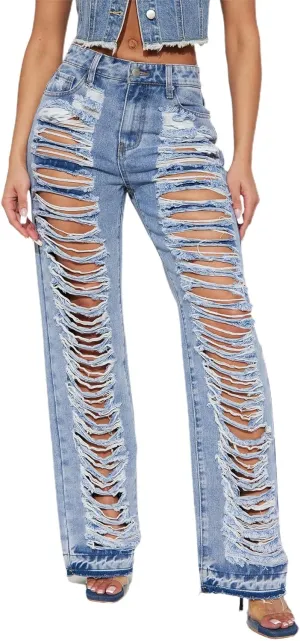 Tbahhir Distressed Ripped Cargo Jeans for Women High Waisted Baggy Wide Leg Boyfriend Y2K Streetwear Denim Pants Trendy