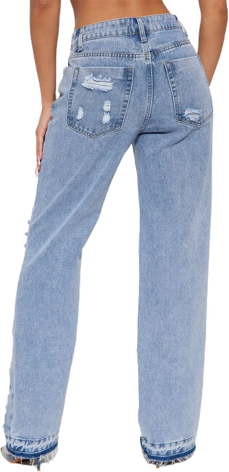 Tbahhir Distressed Ripped Cargo Jeans for Women High Waisted Baggy Wide Leg Boyfriend Y2K Streetwear Denim Pants Trendy