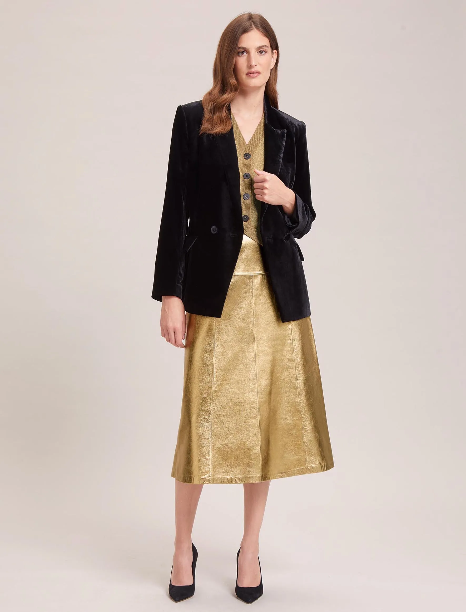 Tiana Leather Midi Skirt - Gold