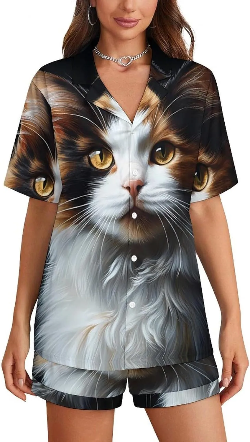 Tortoiseshell Cat Calico 2 Pcs Pajamas For Women Set Cozy Short Sleeve Sleepwear Nightwear Loungewear