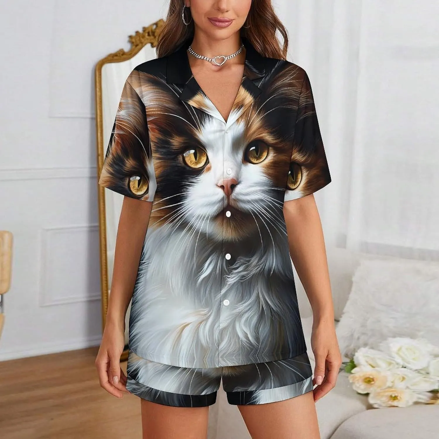 Tortoiseshell Cat Calico 2 Pcs Pajamas For Women Set Cozy Short Sleeve Sleepwear Nightwear Loungewear