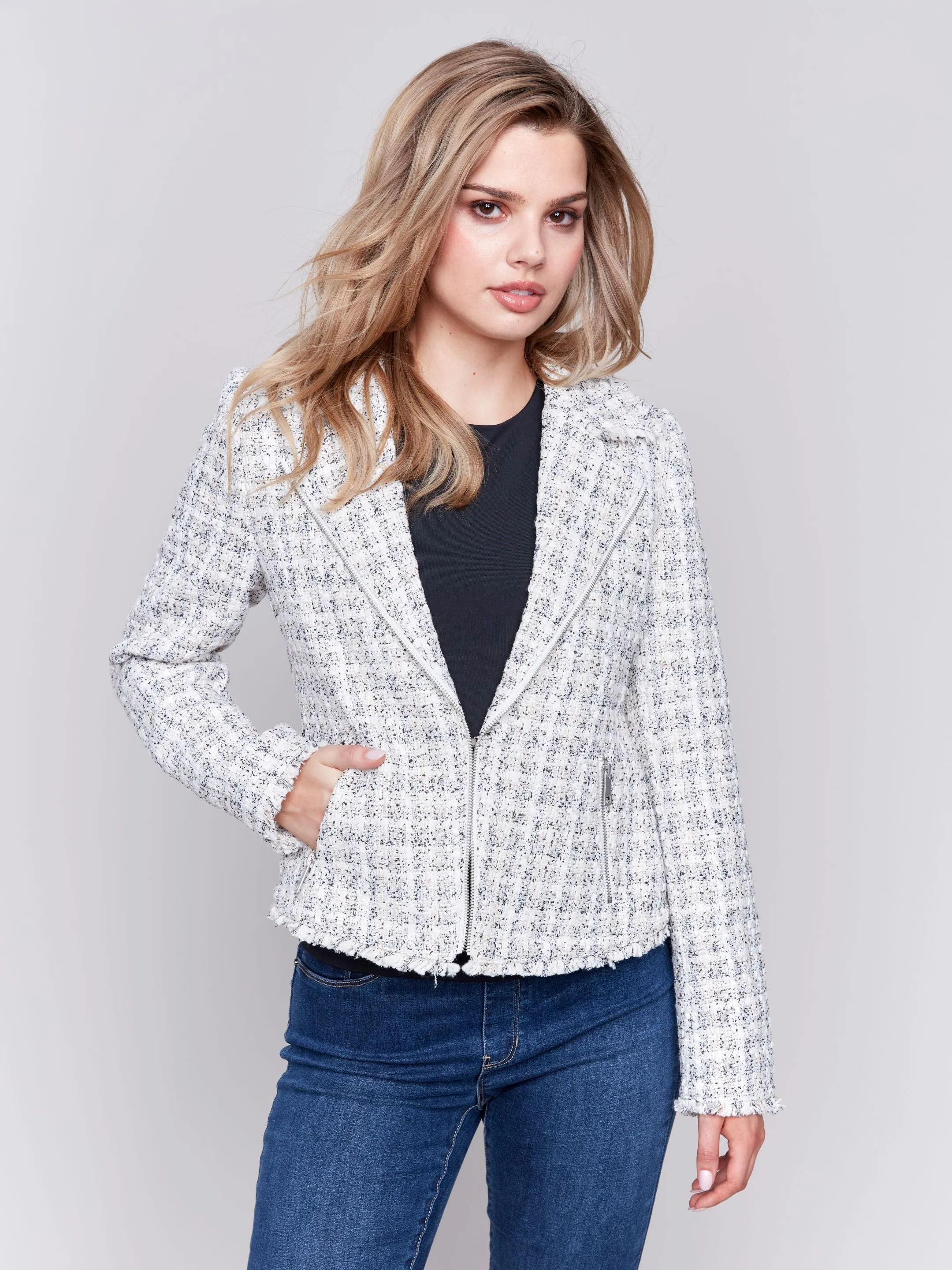 Tweed Moto Jacket w/ Frayed Hem - HQ