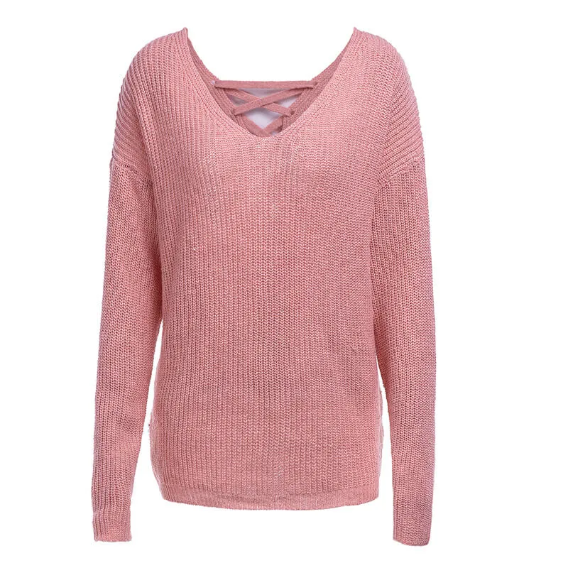 V-neck Lace-up Pure Color Knit Sweater