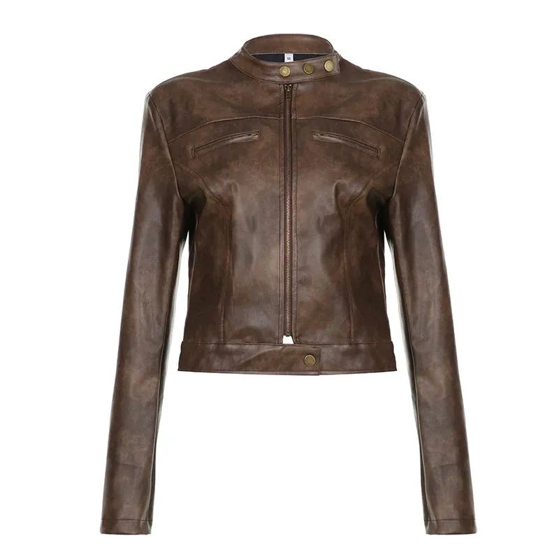 Vintage Faux Leather Jacket Zip Up Coat Fashion Chic Distressed Jackets