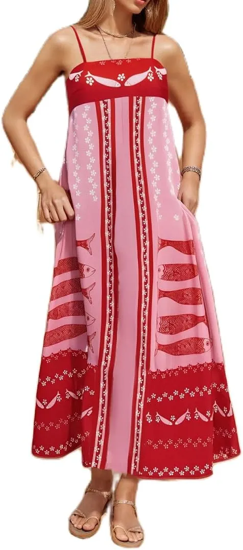 Women Bohemian Graphic Maxi Dress Spaghetti Strap Flowy Cami Dress Floral Tiered Sundress Y2K Summer Beach Dresses