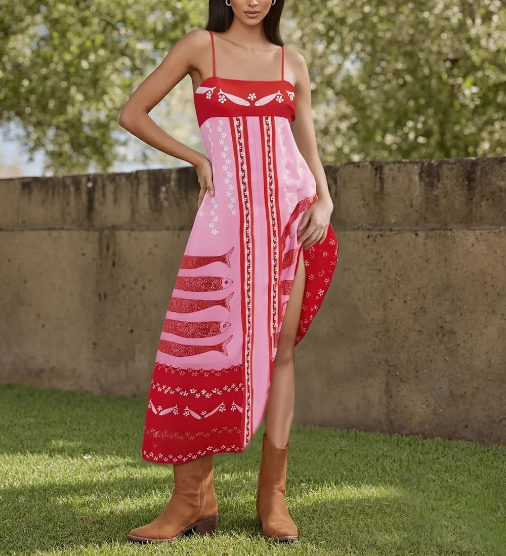 Women Bohemian Graphic Maxi Dress Spaghetti Strap Flowy Cami Dress Floral Tiered Sundress Y2K Summer Beach Dresses