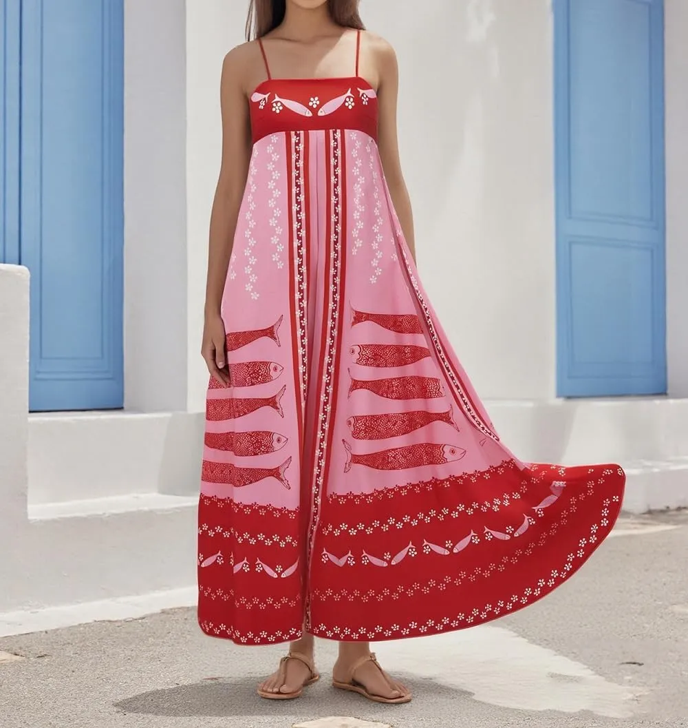 Women Bohemian Graphic Maxi Dress Spaghetti Strap Flowy Cami Dress Floral Tiered Sundress Y2K Summer Beach Dresses
