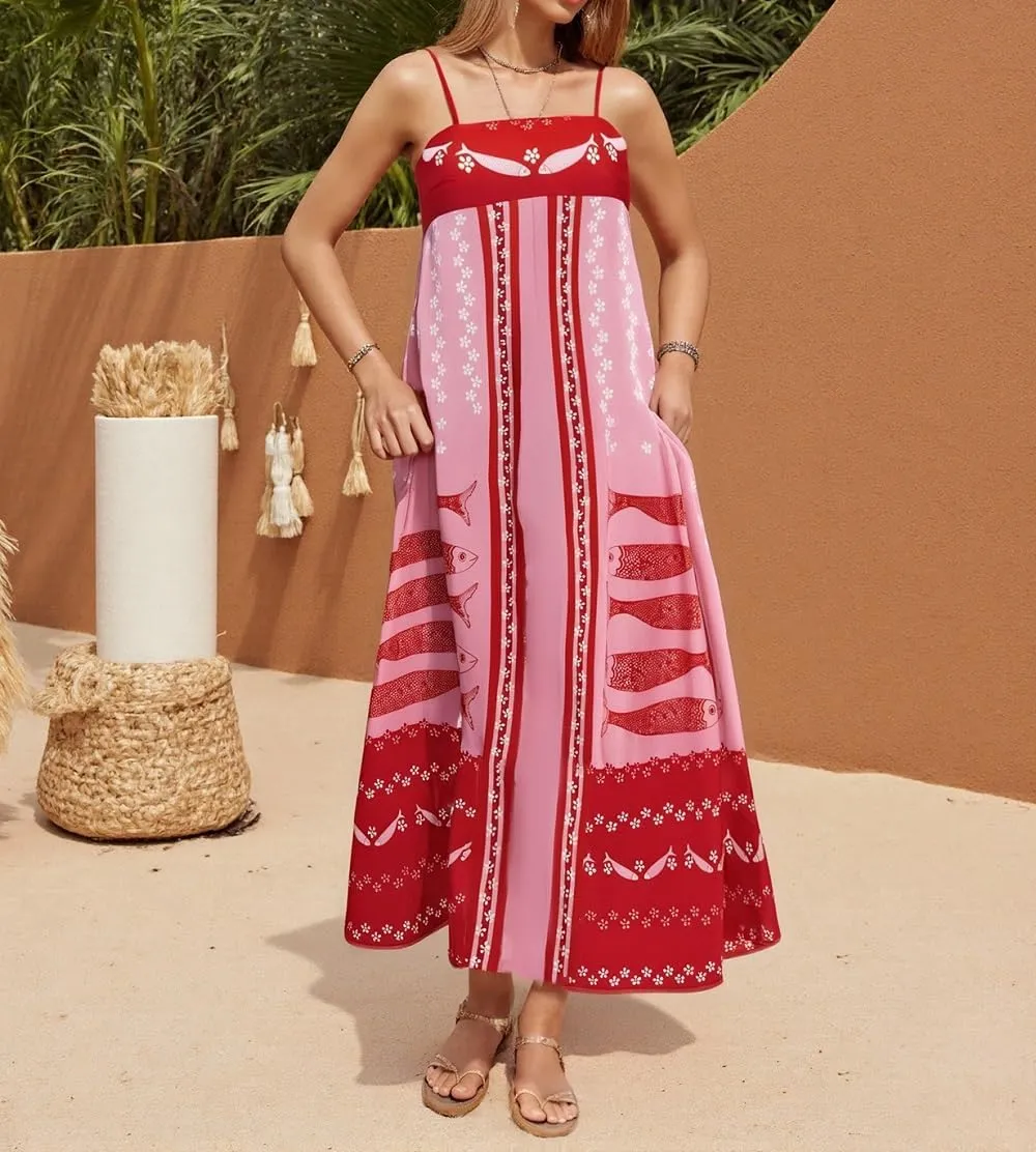 Women Bohemian Graphic Maxi Dress Spaghetti Strap Flowy Cami Dress Floral Tiered Sundress Y2K Summer Beach Dresses