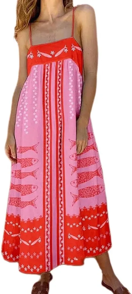 Women Bohemian Graphic Maxi Dress Spaghetti Strap Flowy Cami Dress Floral Tiered Sundress Y2K Summer Beach Dresses