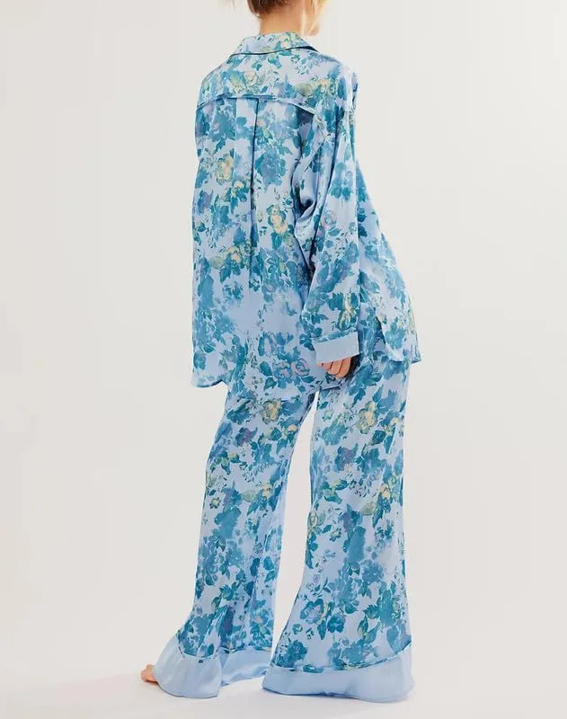 Women Cute Graphic 2 Pieces Pajama Sets Colorful Print Long Sleeve Shirts Elastic Waist Pants Sleepsuit Loungewear