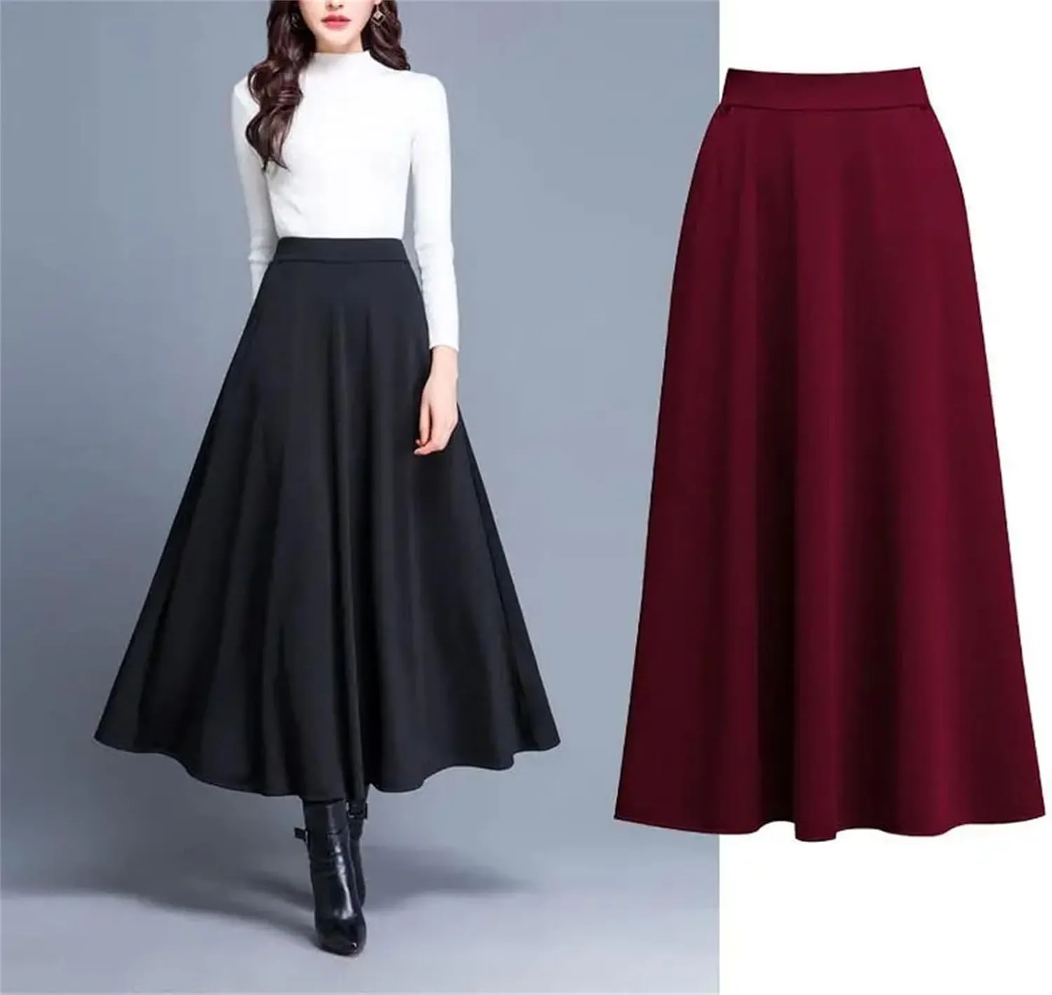 Women Elegant Pleated Long Skirt High Waisted Skirt Vintage Plus Size A-Line Skirts