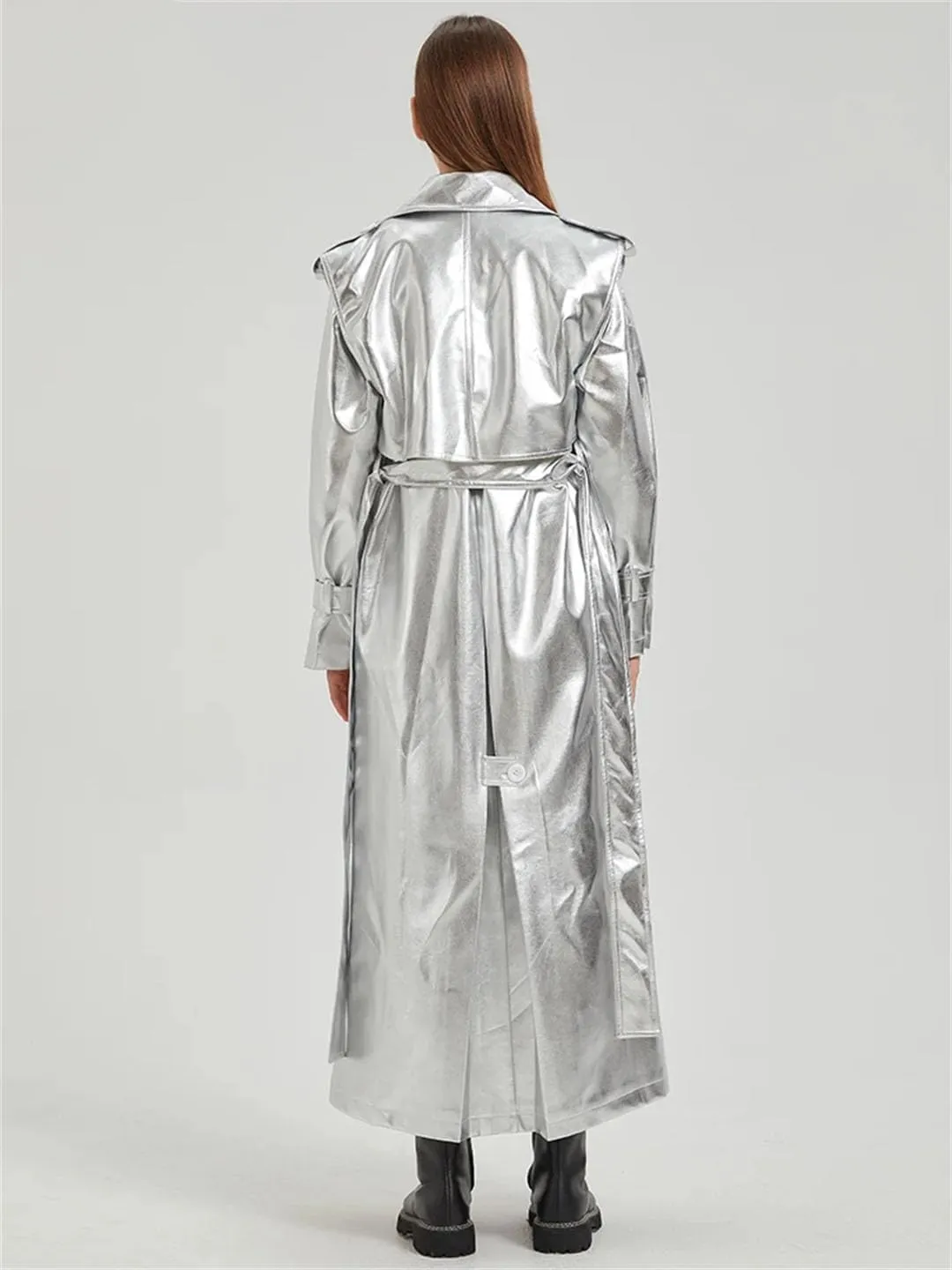 Women Extra Long Gold Shiny Patent Pu Leather Trench Coat Single Breasted Overcoat
