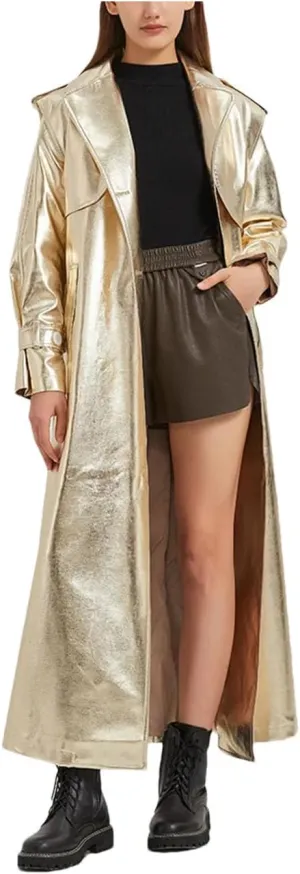 Women Extra Long Gold Shiny Patent Pu Leather Trench Coat Single Breasted Overcoat