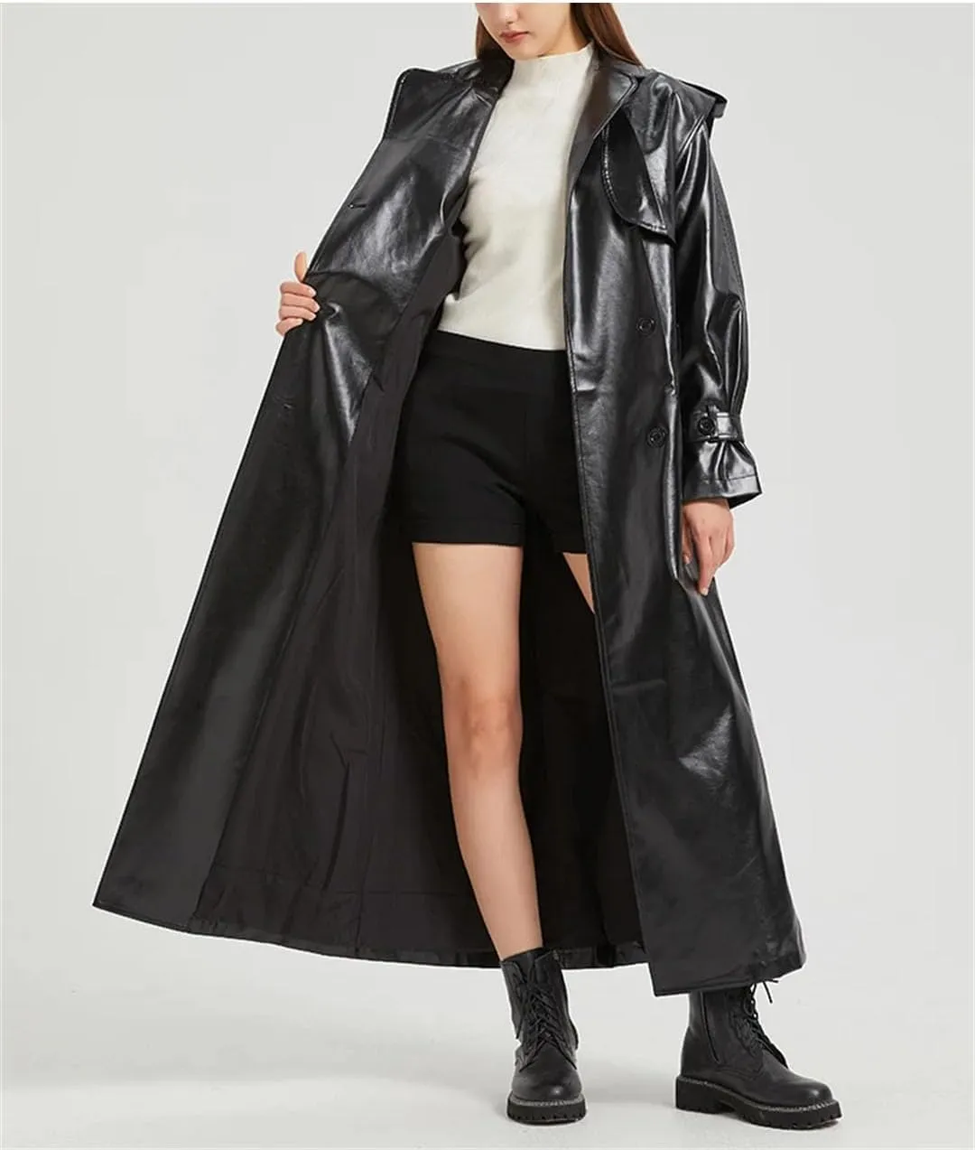 Women Extra Long Gold Shiny Patent Pu Leather Trench Coat Single Breasted Overcoat