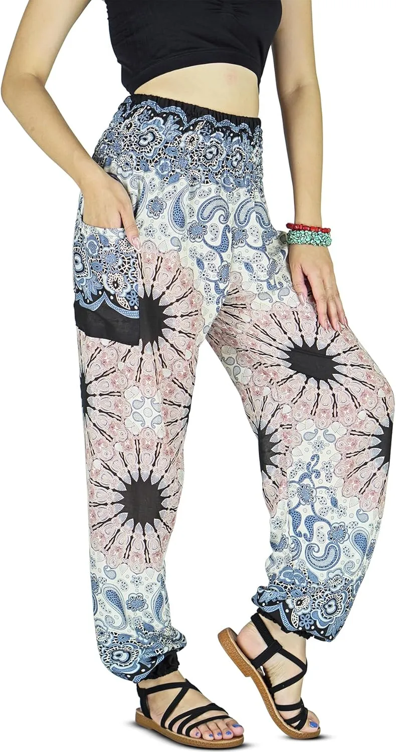 Women Harem Pant Boho Genie Aladdin Smocked Waist Yoga Trousers