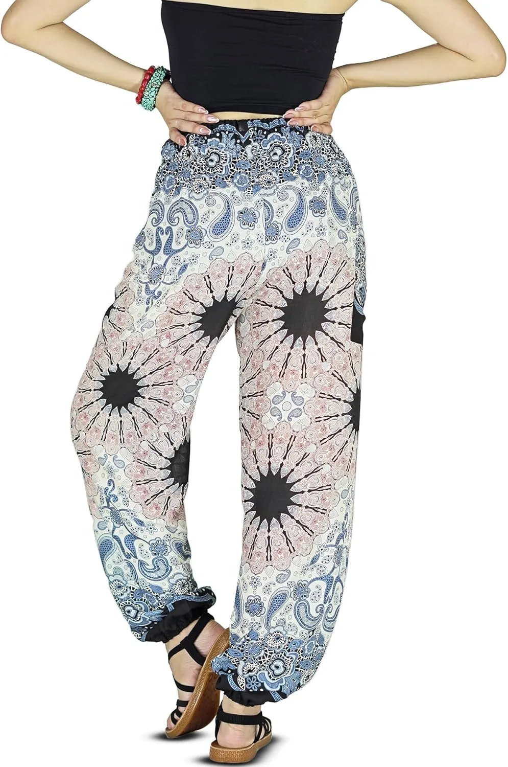 Women Harem Pant Boho Genie Aladdin Smocked Waist Yoga Trousers