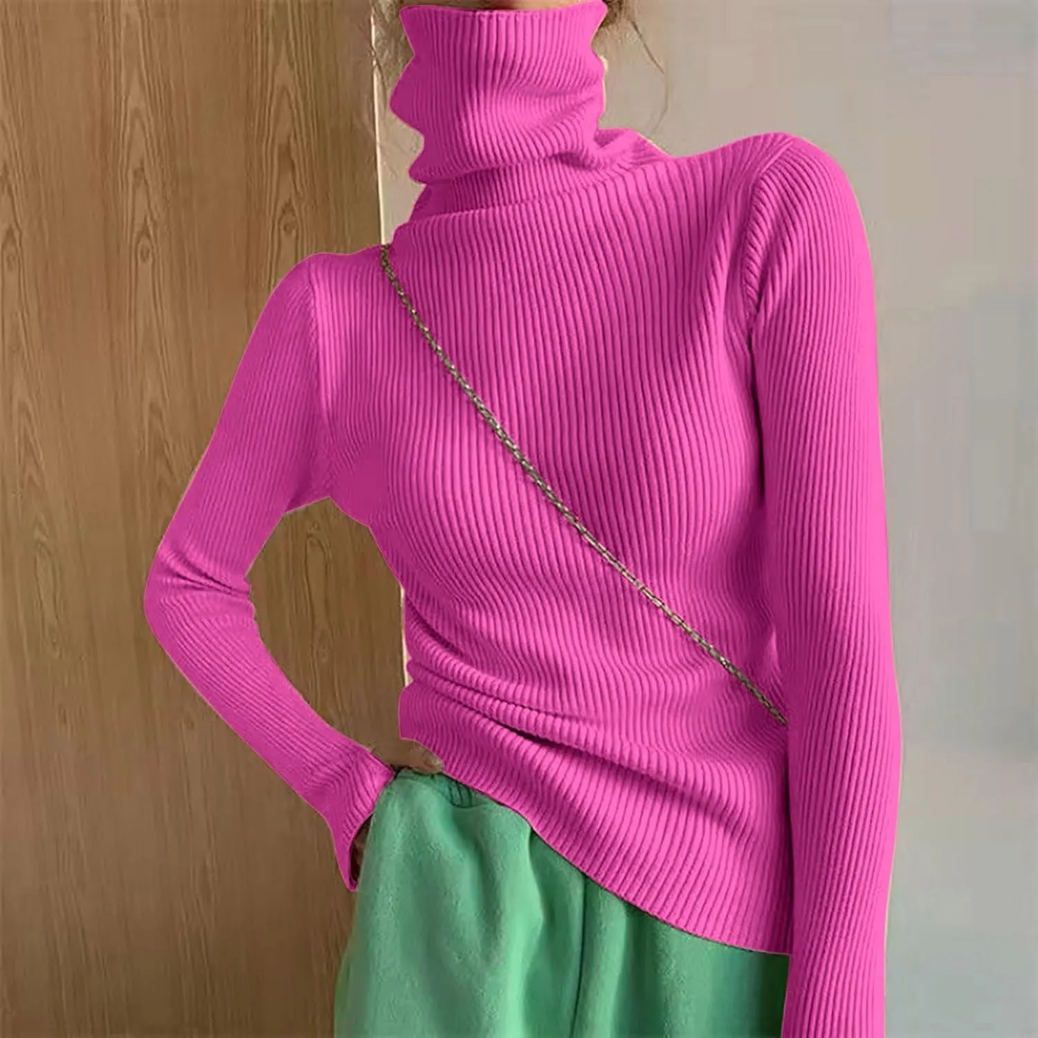 Women Turtleneck Sweaters Oversized Loose Fit Thumb Holes Sweater Trendy Warm Long Sleeve Ribbed Knit Pullover Jumper