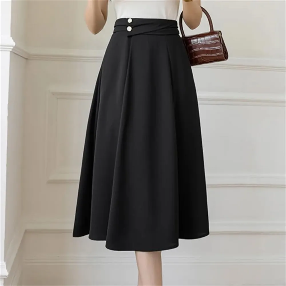 Women Vintage High Waist Mid Skirt Elegant Solid Buttons A-Line Swing Pleated Skirts