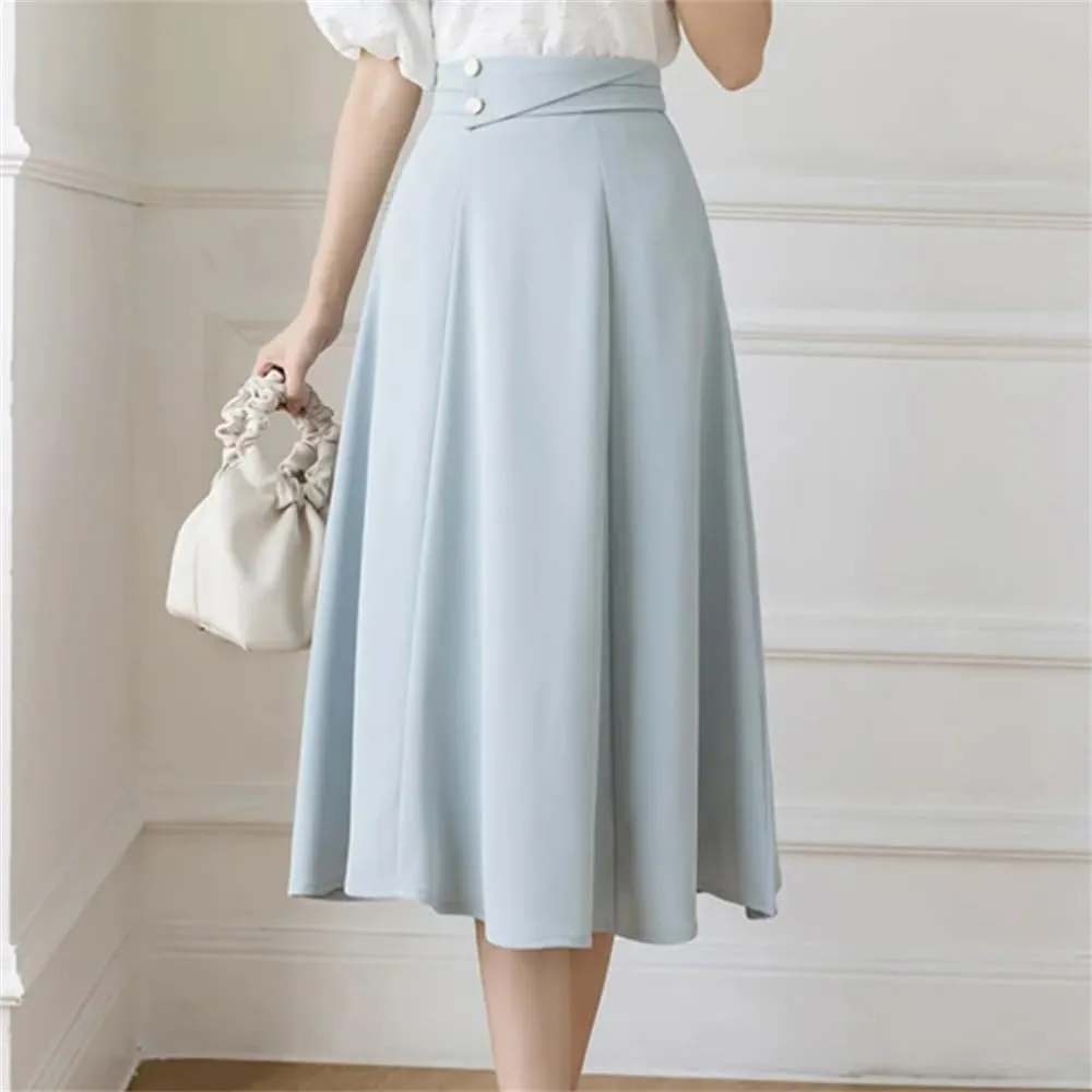 Women Vintage High Waist Mid Skirt Elegant Solid Buttons A-Line Swing Pleated Skirts