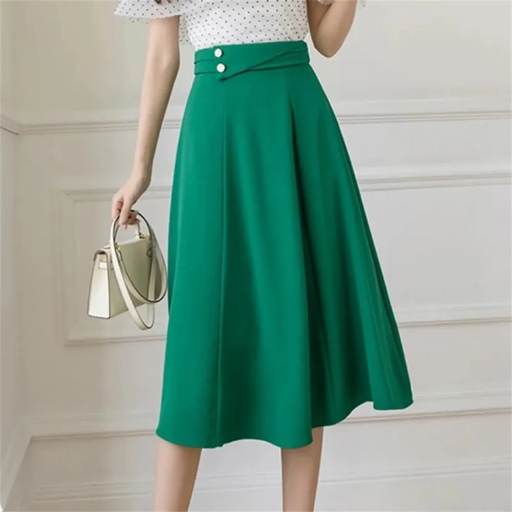 Women Vintage High Waist Mid Skirt Elegant Solid Buttons A-Line Swing Pleated Skirts