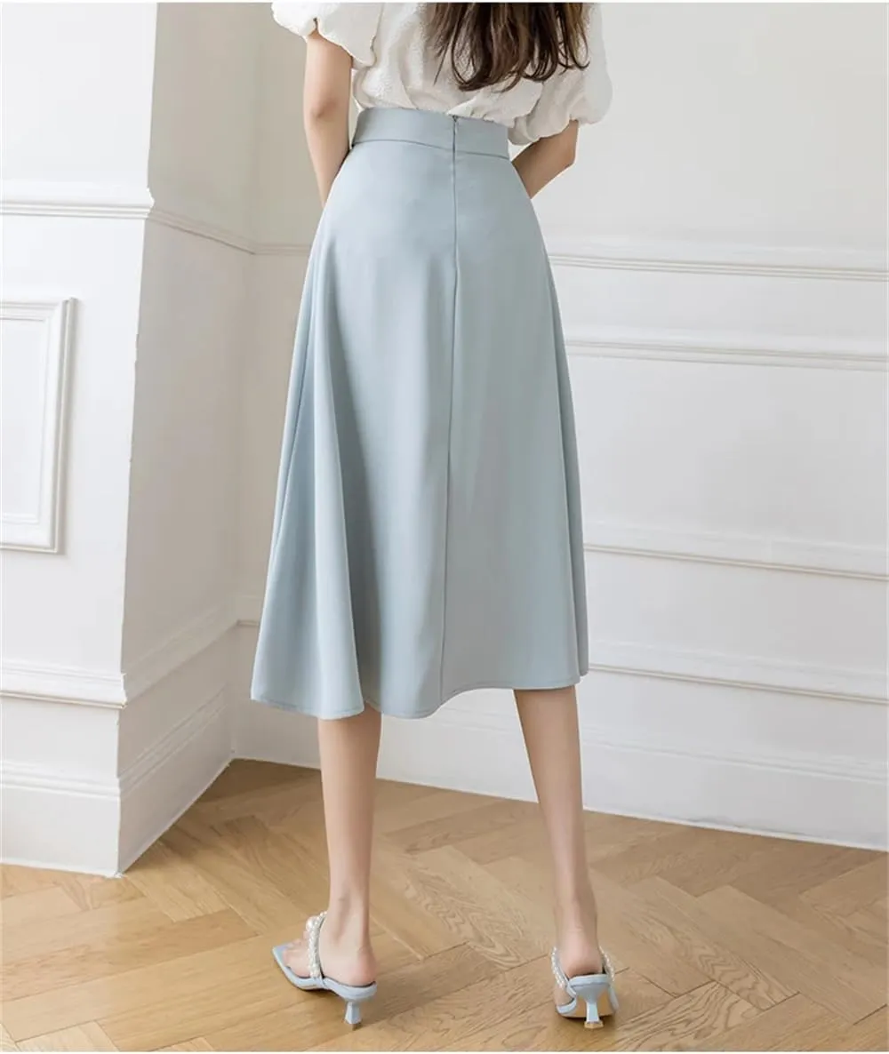 Women Vintage High Waist Mid Skirt Elegant Solid Buttons A-Line Swing Pleated Skirts