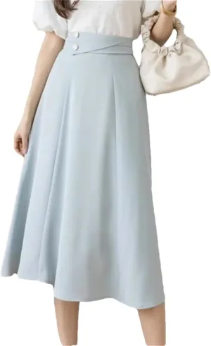 Women Vintage High Waist Mid Skirt Elegant Solid Buttons A-Line Swing Pleated Skirts