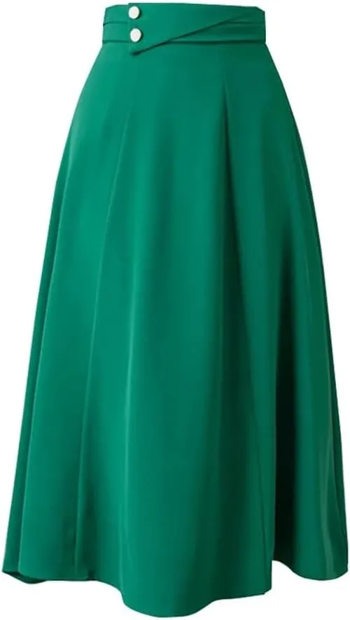 Women Vintage High Waist Mid Skirt Elegant Solid Buttons A-Line Swing Pleated Skirts