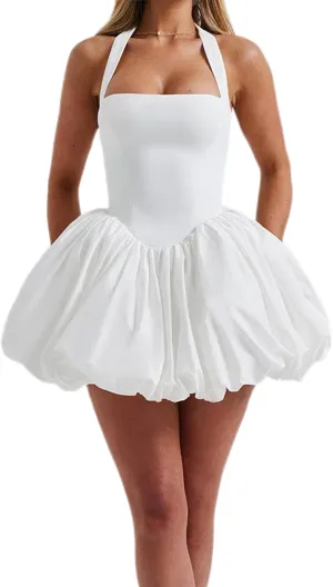 Women Y2K Halter Bubble Mini Dress Sexy Open Back Tie up Backless Corset Short Puff Dress Party Cocktail Clubwear