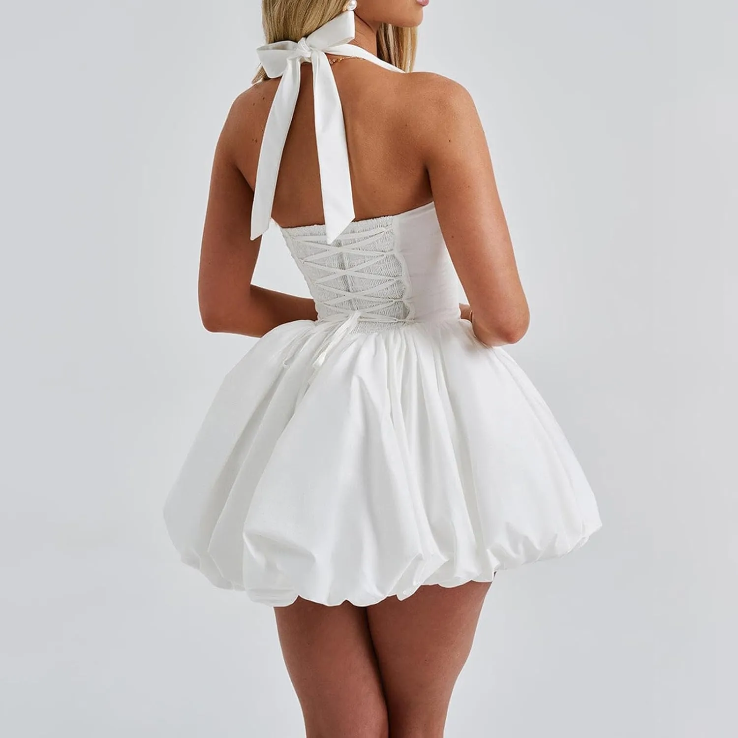 Women Y2K Halter Bubble Mini Dress Sexy Open Back Tie up Backless Corset Short Puff Dress Party Cocktail Clubwear