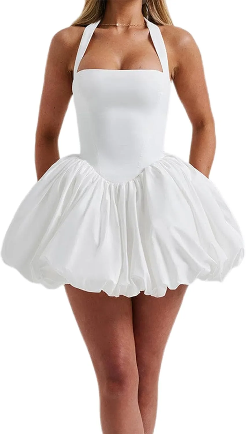 Women Y2K Halter Bubble Mini Dress Sexy Open Back Tie up Backless Corset Short Puff Dress Party Cocktail Clubwear