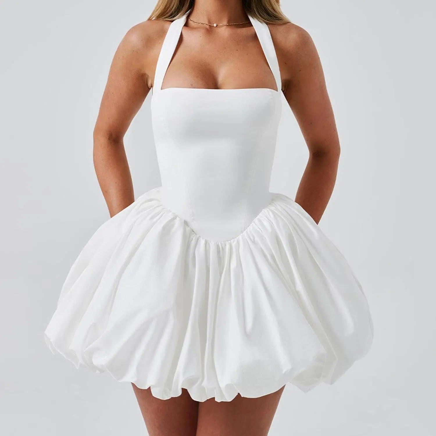 Women Y2K Halter Bubble Mini Dress Sexy Open Back Tie up Backless Corset Short Puff Dress Party Cocktail Clubwear