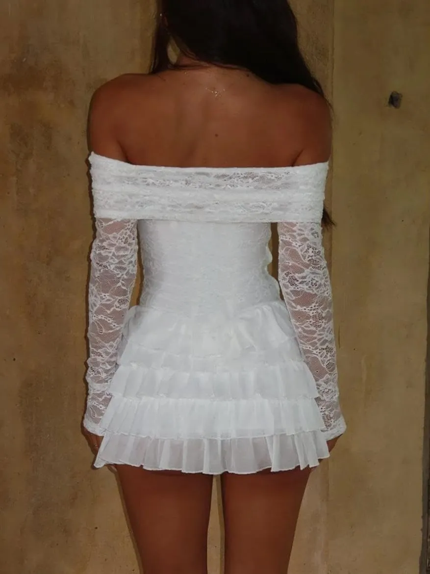 Women Y2k Lace Long Sleeve Short Dress Vintage Off Shoulder Mini Dress Ruffle Flowy Bodycon Dress Clubwear
